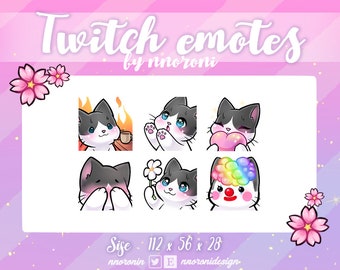 6 set White Black cat - Twitch Emotes / sub badges / bit badges / Kawaii cat / Cute twitch emotes / cute cat / cat sub badges