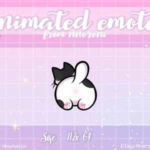 May include: Animated emote of a black and white cat with pink paws, looking over its shoulder. The cat is on a pink and purple background with a grid pattern. The text "Animated emotes from nhoroni" is at the top of the image. The text "Size 112x64" is at the bottom of the image.