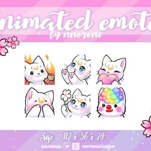 6 set ANIMADO White Moon Cat Emotes - Twitch Emotes / sub insignias / gestos personalizados / Lindos gestos de contracción / gestos de gato / baile gesto gato