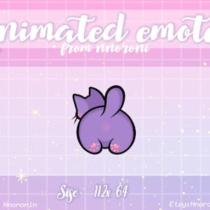 May include: Animated purple cat emote with pink paws, facing away from the viewer. The emote is 112x64 pixels in size. "Animated emotes from nhoroni" text is at the top of the image.