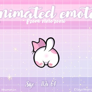 May include: Animated emote of a white cat with pink ears and a pink crown, wearing a pink bow, with its back turned to the viewer, with pink paw prints on its hindquarters. The emote is 112 x 64 pixels in size.