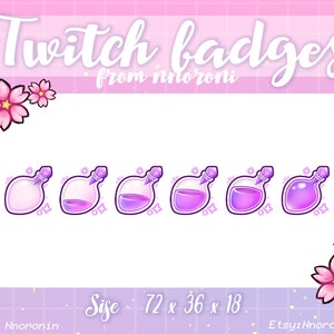Puede incluir: Conjunto de siete insignias de Twitch moradas y rosas con un diseño de frasco de poción. Las insignias son de diferentes tamaños: 72 x 36 x 18 píxeles. El texto "Twitch badges from nnoroni" está en la parte superior de la imagen. El texto "Size - 72 x 36 x 18" está en la parte inferior de la imagen. El texto "Twitter: Nnoronin" está en la parte inferior izquierda de la imagen. El texto "Etsy: NnoroniDesign" está en la parte inferior derecha de la imagen.