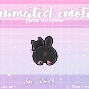 May include: Animated black cat emote with pink paws, facing away from the viewer. The emote is 112 x 64 pixels in size.  Animated emotes from Nnoroni.