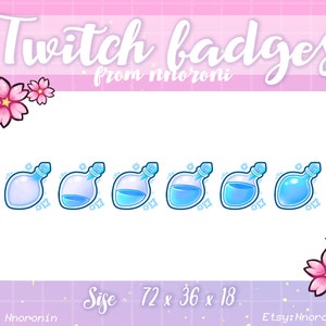 Puede incluir: Conjunto de seis insignias de Twitch azules y blancas con un diseño de frasco de poción. Las insignias están disponibles en tres tamaños: 72 x 36, 36 x 18 y 18 x 9 píxeles.