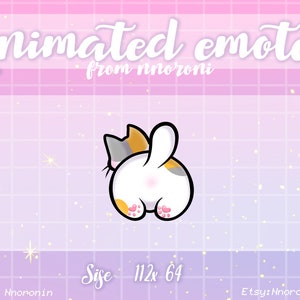 May include: Animated emote of a white cat with orange and gray markings. The cat is facing away from the viewer with its tail raised. The cat is 112 x 64 pixels in size. The text "Animated emotes from nhoroni" is at the top of the image. The text "Size 112 x 64" is at the bottom of the image. The text "Twitter: Nhoronin" is at the bottom left of the image. The text "Etsy: NhoroniDesign" is at the bottom right of the image.