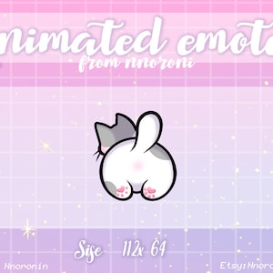 May include: Animated emotes graphic with a cat's rear end, in white, gray, and pink. The image includes the text "Animated emotes from nnoroni" and "Size 112x64" on a pink and purple grid background.