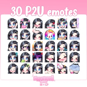 30 個のエモート かわいい女の子 黒髪 青い目 - Twitch エモート | サブバッジ | アニメーション エモート | ちび Twitch エモート