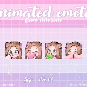 ANIMATED 1 set Cute Chibi Cat Girl Emote - Brown Hair Blue Eyes Twitch Emotes / sub badges / aangepaste emotes / geanimeerde emotes