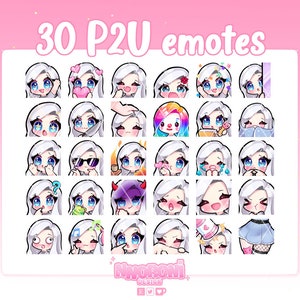 30 emotes cute girl Silver Gray White hair Blue eyes - Twitch Emotes | sub badges | animated emotes | Chibi twitch emotes