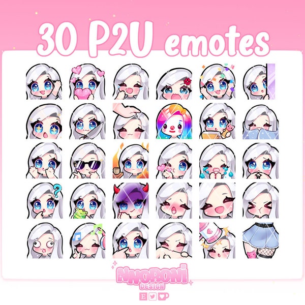 30 emotes cute girl Silver Gray White hair Blue eyes - Twitch Emotes | sub badges | animated emotes | Chibi twitch emotes