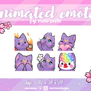 6 set GEANIMEERDE Purple Moon Cat Emotes - Twitch Emotes / sub badges / aangepaste emotes Leuke twitch emotes / kat emotes / dans emote kat