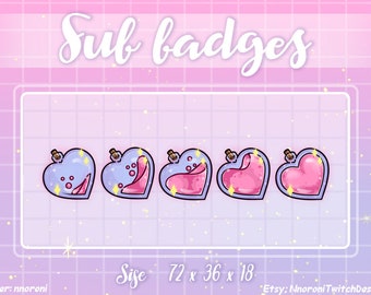 May include: Five pink and purple heart-shaped potion bottles with a cork stopper and gold glitter. The bottles are arranged in a row and have different levels of liquid inside. The text "Sub badges" is at the top of the image. The text "Size 72 x 36 x 18" is at the bottom of the image.