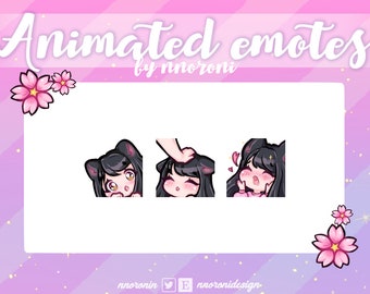1 ANIMATED set Cute Chibi Cat Girl Emote  - Black Hair Brown Eyes Twitch Emotes  / sub badges / custom emotes / Cute twitch emotes