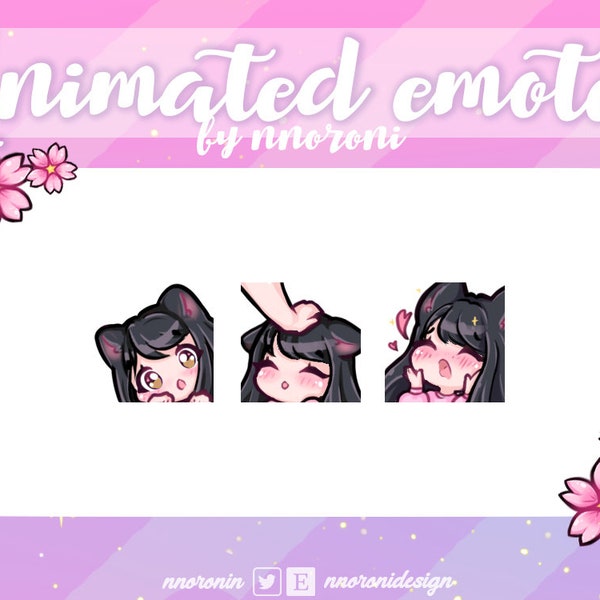 1 ANIMATED set Cute Chibi Cat Girl Emote  - Black Hair Brown Eyes Twitch Emotes  / sub badges / custom emotes / Cute twitch emotes