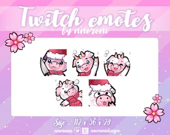1 set CHRISTMAS White Pink Cow Emotes - Cute Twitch Emotes / sub badges / cow sub badges / custom emote / christmas emotes