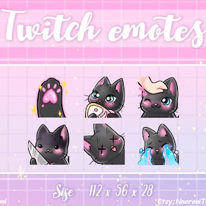 May include: Six black cat Twitch emotes with different expressions. The emotes are 112 x 56 x 28 pixels in size. The emotes include a paw, a cat holding a fish, a cat being petted, a cat holding a knife, a cat with an X over its eyes, and a cat crying.