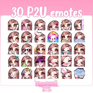30 emotes cute girl Brown hair Brown eyes - Twitch Emotes | sub badges | animated emotes | Chibi twitch emotes