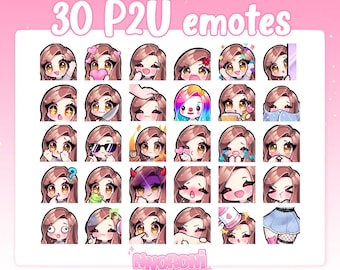 30 emotes cute girl Brown hair Brown eyes - Twitch Emotes | sub badges | animated emotes | Chibi twitch emotes
