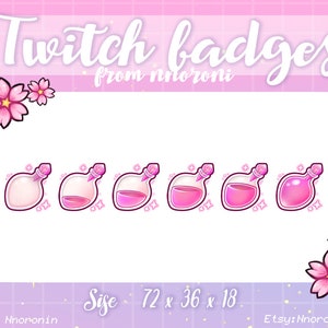 Puede incluir: Conjunto de cinco insignias de Twitch rosas que representan una botella de poción con un líquido rosa y un tapón de cristal rosa. Las insignias son de diferentes tamaños: 72 x 36 x 18. El texto "Twitch badges from nnoroni" está en la parte superior de la imagen.