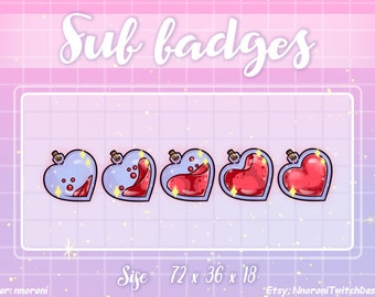 May include: Five heart-shaped glass bottles with red liquid inside. The bottles have a cork stopper and a gold lid. The bottles are arranged in a row from left to right, with the liquid level decreasing in each bottle. The bottles are on a pink and white background with the text "Sub badges" at the top and "Size 72 x 36 x 18" at the bottom.