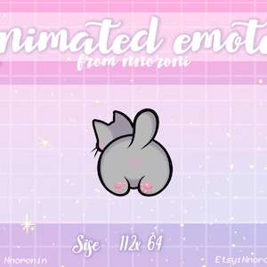 May include: Animated emote of a gray cat with pink paws, looking over its shoulder. The cat is against a pink and purple background with a grid pattern. The text "Size 112x64" is below the cat.
