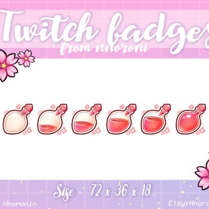 Puede incluir: Conjunto de siete insignias de Twitch rosas y blancas con una botella de poción con un tapón rosa. Las insignias están en diferentes niveles de llenado, desde vacías hasta llenas. El texto "Twitch badges from nnoroni" y "Size 72 x 36 x 18" también está incluido.