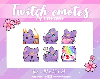 May include: A digital art graphic featuring six purple cat emotes with crescent moon symbols. The emotes display various expressions, including holding a heart, a flower, and a cup. The text "Twitch emotes by nnoroni" is at the top.