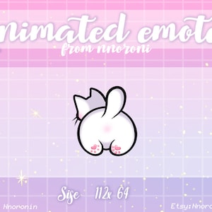 May include: Animated emote of a white cat with pink paws, facing away from the viewer with its tail raised. The cat is on a pink and purple background with a grid pattern and white stars. The text "Size 112x64" is below the cat.