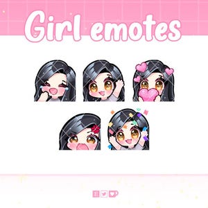 1 セットのアニメーション エモート かわいい女の子 黒髪 茶色の目 - Twitch エモート | サブバッジ | アニメーション エモート | ちび Twitch エモート