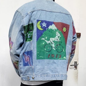 Psychedelic CUSTOMISED vintage 80&#39;s 90&#39;s trucker denim jeans jacket S-XXL