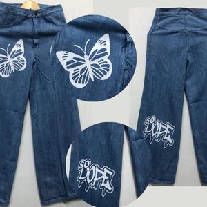 Customized Wide-Leg Denim Jeans with Butterfly and Graffiti Print – Trendy, Artistic, and Comfortable