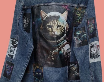 Space Cat CUSTOMIZED Vintage 80er 90er Trucker Denim Jeansjacke S-XXL | Bedruckte Jeansjacke