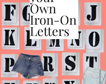 May include: A set of black iron-on letters on white paper, arranged in alphabetical order. The letters are in a bold, blocky font. The letters are surrounded by a pink background. The text "Craft your own Iron-On Letters" is in the center of the image.