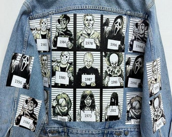 Customized 'Multi-Patch Horror-Halloween' vintage 80's 90's trucker denim jeans jacket S-XXL