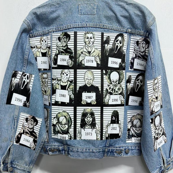 Customized 'Multi-Patch Horror-Halloween' vintage 80's 90's trucker denim jeans jacket S-XXL