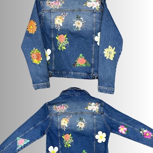 Flowers CUSTOMISED vintage 80&#39;s 90&#39;s trucker denim jeans jacket S-XXL