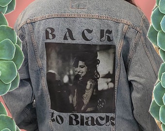 Amy Winehouse giacca jeans denim camionista vintage anni '80 personalizzata back to back S-XXL