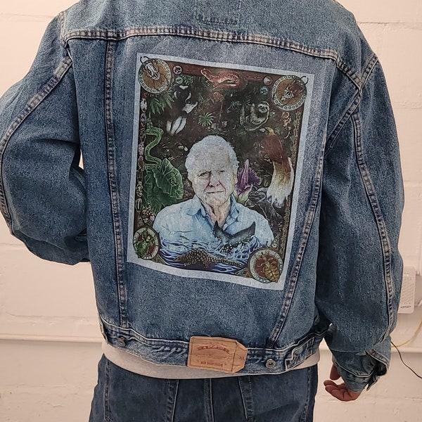 David Attenborough customised vintage 80's 90's trucker denim jeans jacket S-XXL