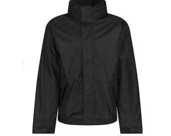 May include: A black jacket with a high collar and a full-length zipper. The jacket has two front pockets and long sleeves with elastic cuffs. The jacket is made of a smooth, water-resistant material.