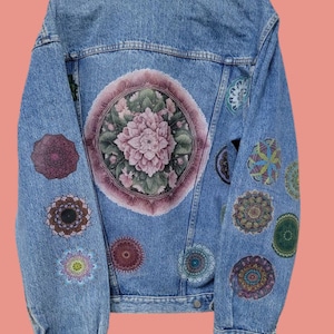 Mandala Design CUSTOMISED vintage 80&#39;s 90&#39;s trucker denim jeans jacket S-XXL | Printed Denim Jacket