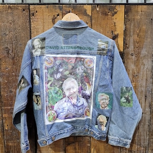 David Attenborough CUSTOMISED vintage 80&#39;s 90&#39;s trucker denim jeans jacket S-XXL