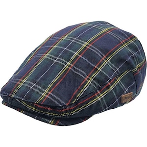 May include: A navy blue, green, red, and yellow plaid flat cap.