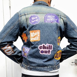 Cool Quotes CUSTOMISED vintage 80&#39;s 90&#39;s trucker denim jeans jacket S-XXL