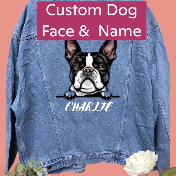 Custom Dog Face & Name customised vintage 80's 90's trucker denim jeans jacket S-XXL