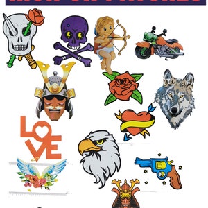 May include: A set of 13 iron-on patches featuring various designs, including a skull and crossbones, a rose, a wolf, a heart, an eagle, a motorcycle, a samurai, a cupid, and a lips with a rose. The patches are colorful and detailed, and they would be perfect for adding a personal touch to clothing, bags, or other items.