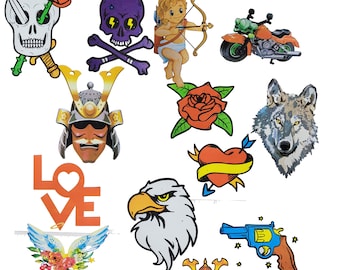 Iron-on patches, stickers, and decals for various applications with body art designs