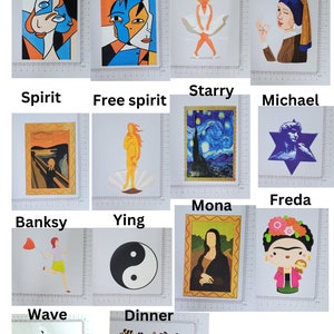 May include: A collage of 12 different art prints featuring famous paintings. The prints are arranged in a grid of four rows and three columns. The top row features Picasso's 'Guernica', 'The Scream' by Edvard Munch, 'The Starry Night' by Vincent van Gogh, and 'The Kiss' by Gustav Klimt. The second row features 'The Persistence of Memory' by Salvador Dalí, 'The Son of Man' by René Magritte, 'Campbell's Soup Cans' by Andy Warhol, and 'The Great Wave off Kanagawa' by Katsushika Hokusai. The third row features 'American Gothic' by Grant Wood, 'Nighthawks' by Edward Hopper, 'Water Lilies' by Claude Monet, and 'The Birth of Venus' by Sandro Botticelli. The bottom row features 'The Last Supper' by Leonardo da Vinci, 'The Girl with the Pearl Earring' by Johannes Vermeer, 'The Night Watch' by Rembrandt van Rijn, and 'Mona Lisa' by Leonardo da Vinci.