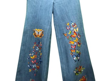 Customized Wide-Leg Denim Jeans with Butterfly Print – Trendy, Artistic, and Comfortable