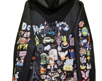 May include: Black hooded sweatshirt with colorful cartoon graphics. The back features a collage of illustrations including a car, cactus, and butterflies. The sleeves also have various cartoon images. The text "Hello Spring" is visible.