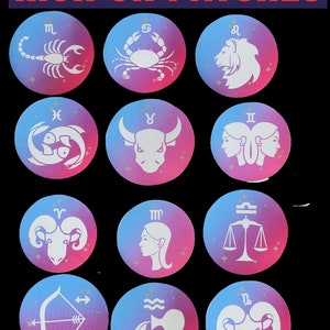 May include: Twelve iron-on patches featuring the astrological zodiac signs. Each patch is a circle with a pink and blue gradient background and a white silhouette of the zodiac symbol. The signs are: Scorpio, Cancer, Leo, Pisces, Taurus, Gemini, Aries, Virgo, Libra, Sagittarius, Aquarius, and Capricorn.